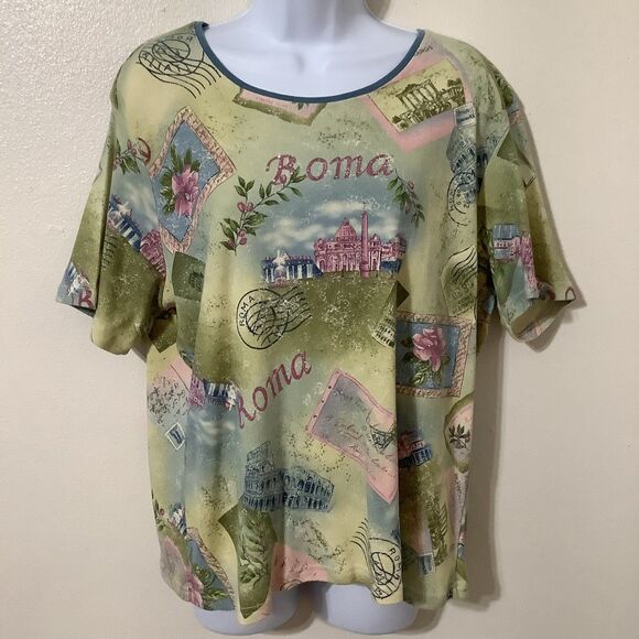 Vintage Y2K Fairy Grunge Green Rome Roma Vacation Graphic Rhinestone T Shirt XL - Picture 1 of 12
